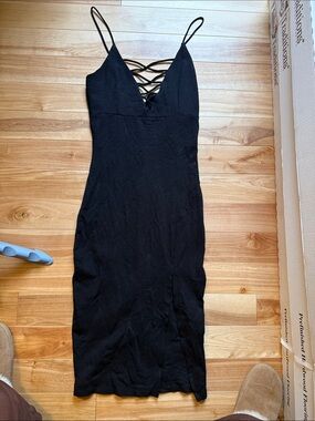 Black Strappy Midi Dress with Lattice Front